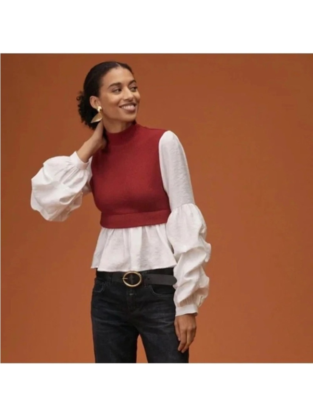 Anthropologie Red Knit Vest with White Peplum Balloon Sleeves